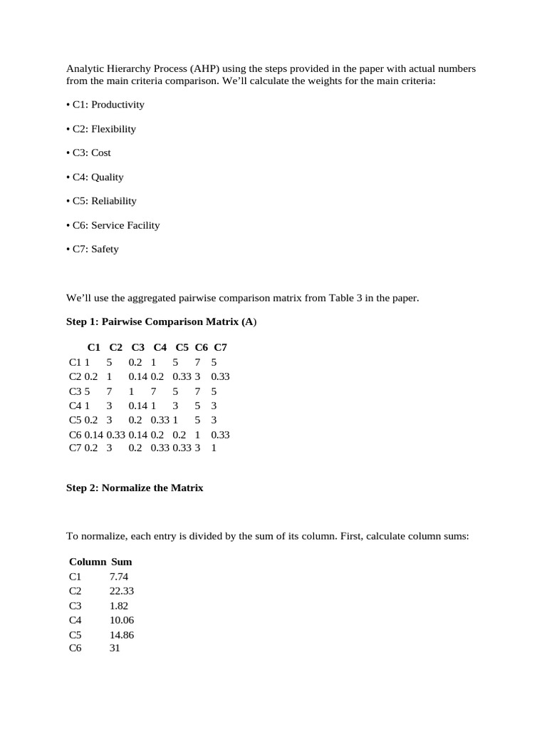 Step 1: Pairwise Comparison Matrix (A C1 C2 C3 C4 C5 C6 C7 | PDF ...