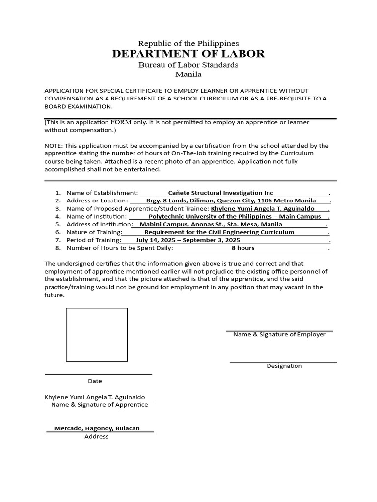 Application for Apprentice Employment Certificate | PDF