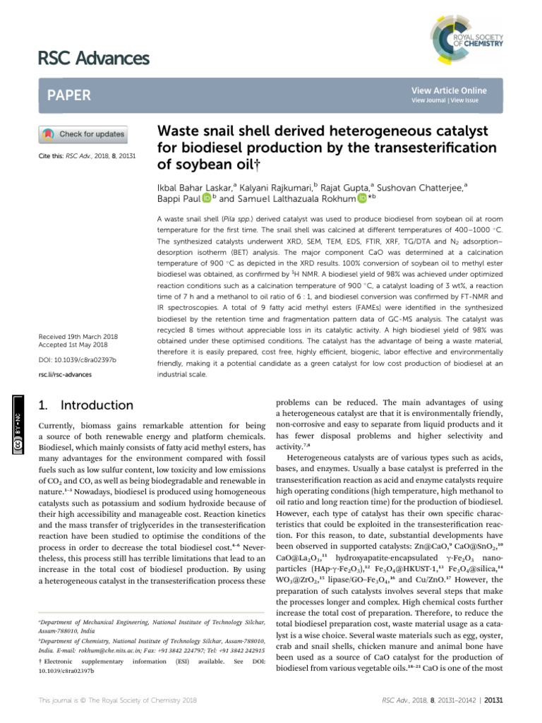 Waste Snail Shell Catalyst for Biodiesel | PDF | Biodiesel | Catalysis