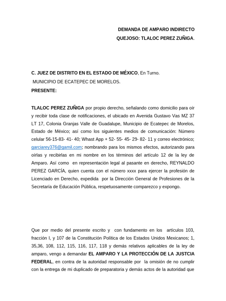 Demanda de Amparo por Duplicado Escolar | PDF | México | Derecho ...