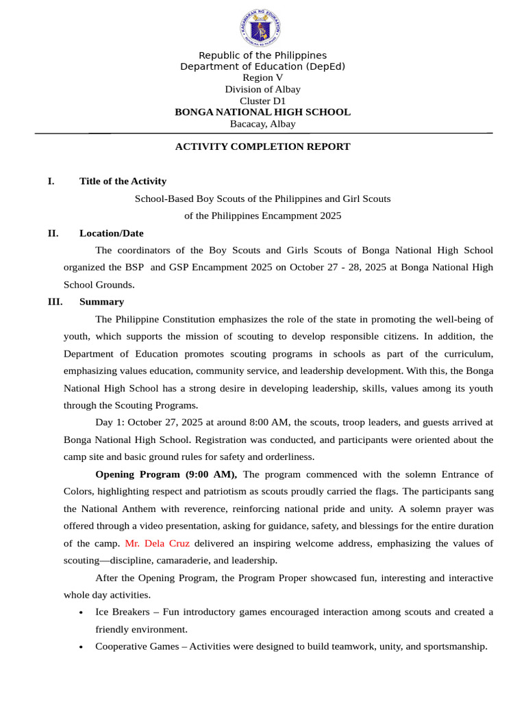 Bonga National High School Scouting Encampment 2025 Report | PDF ...