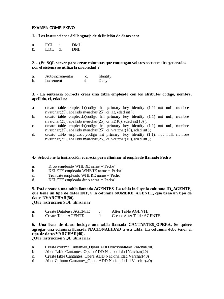 Preguntas de Examen SQL y Bases de Datos | PDF | SQL | Datos