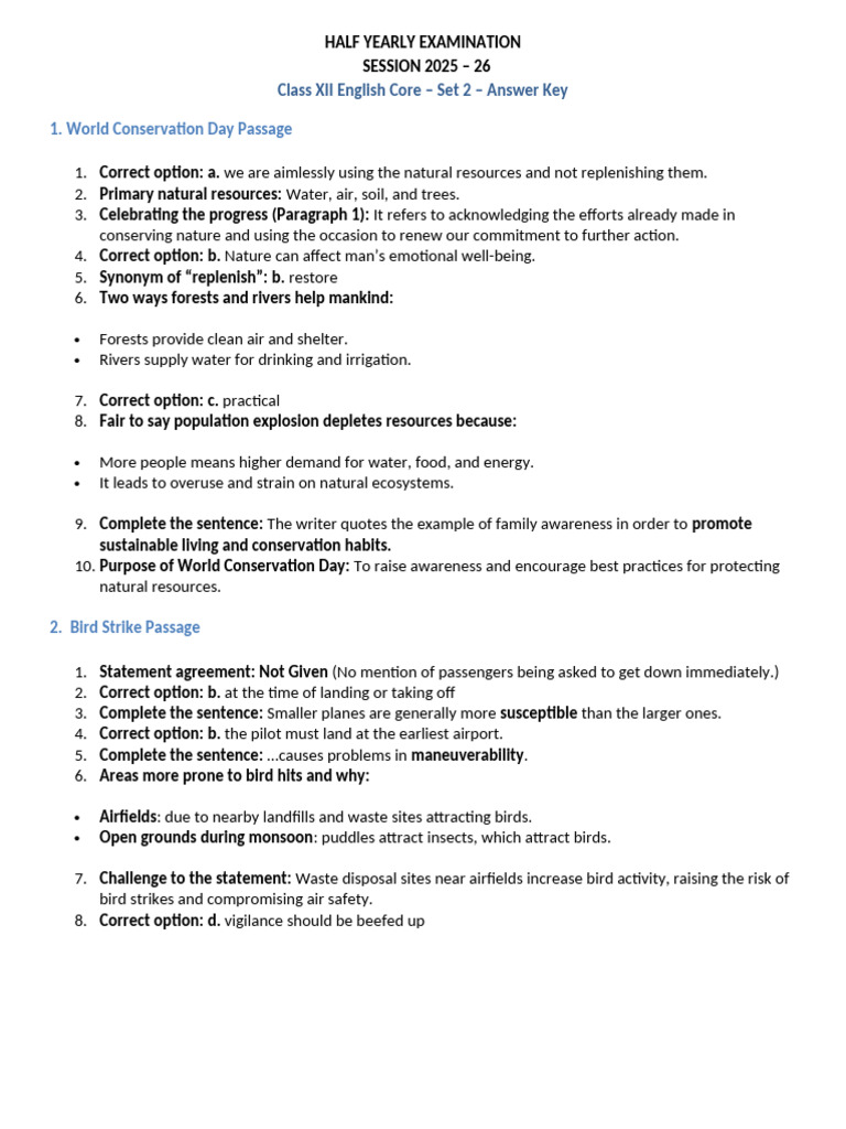 Class XII English Core Exam Answer Key | PDF