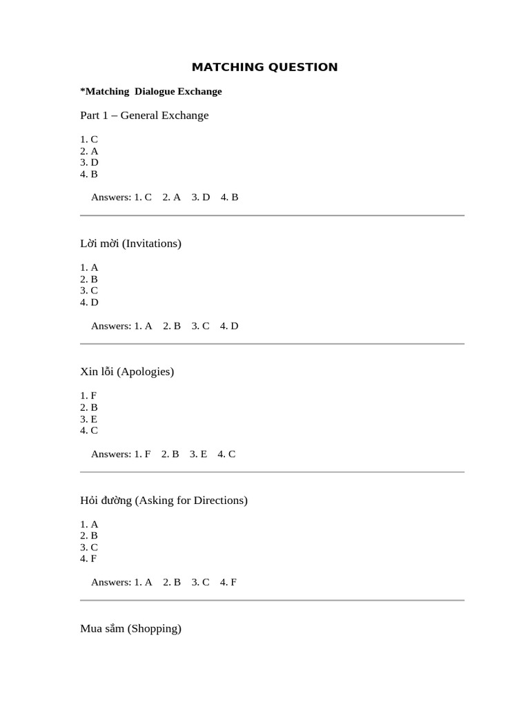 Matching Questions Answer Key | PDF