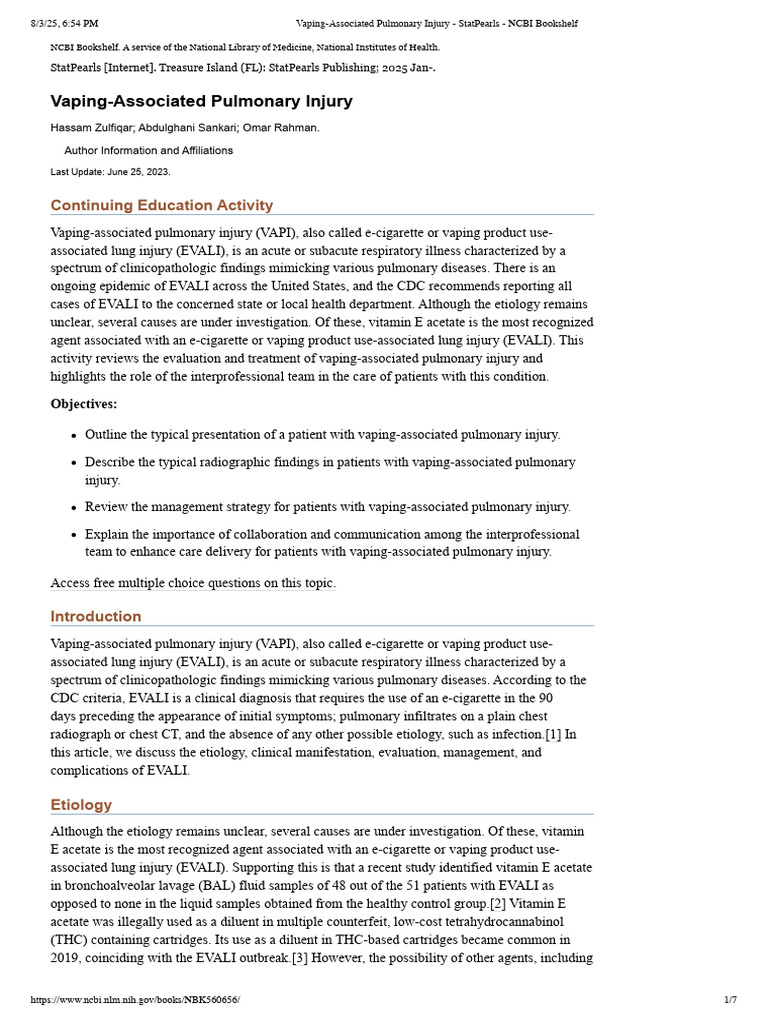 Vaping-Associated Pulmonary Injury - StatPearls - NCBI Bookshelf | PDF ...