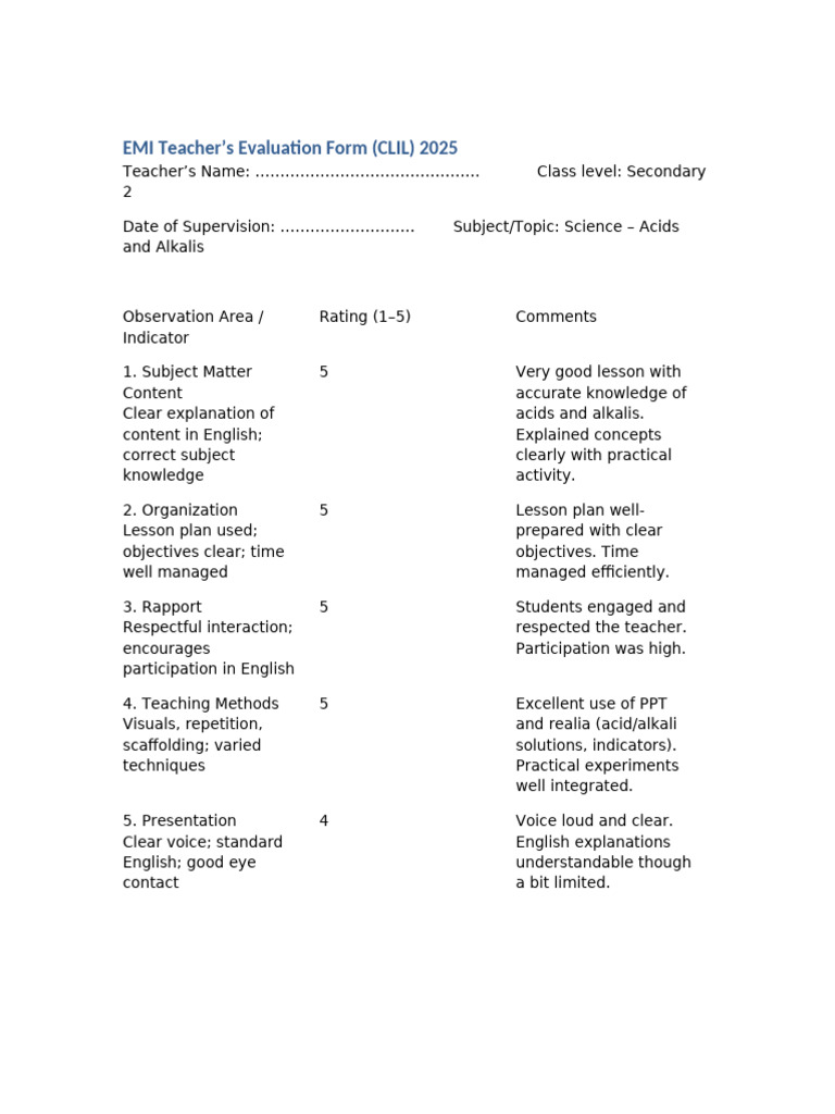 EMI Teacher Evaluation: Science Lesson 2025 | PDF | Teachers | Lesson Plan
