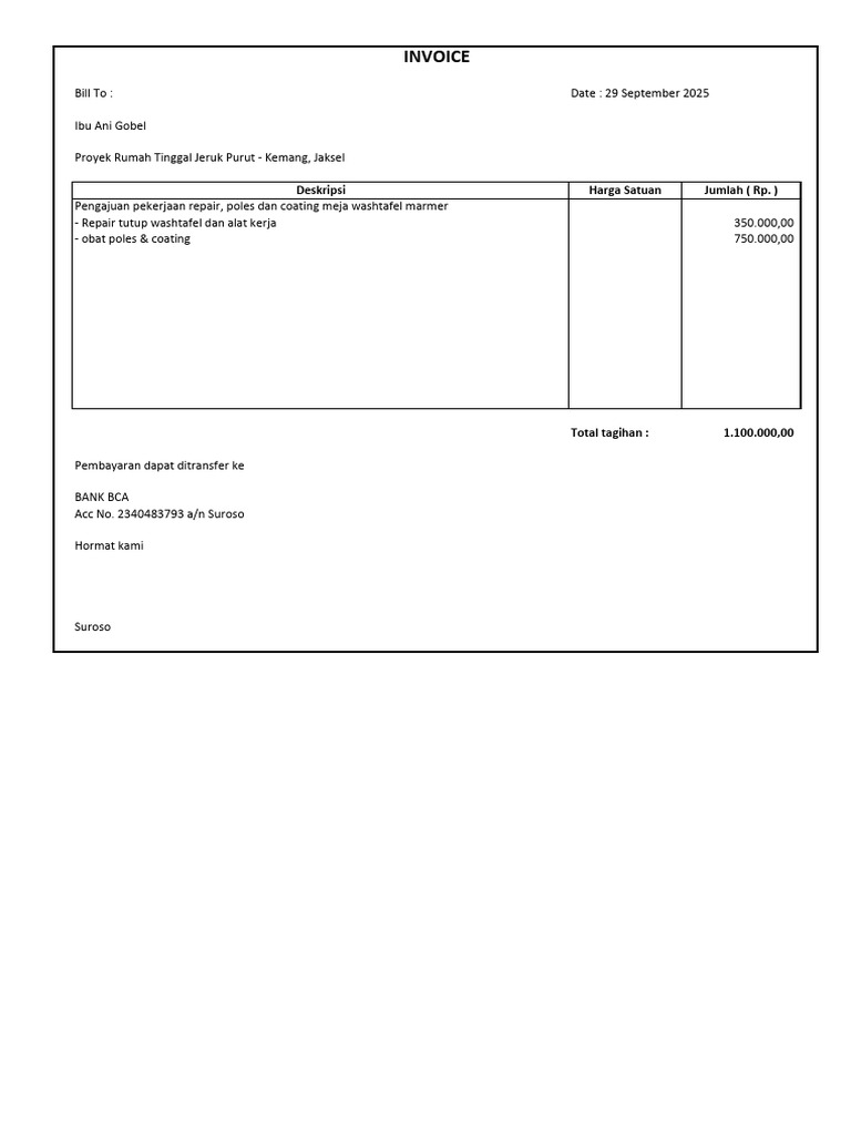 Invoice Proyek Rumah Tinggal Ani | PDF