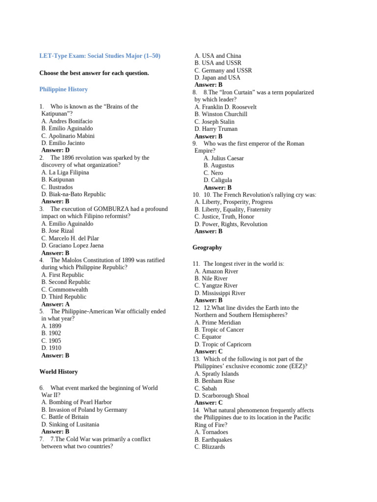 LET Exam: Social Studies Major Guide | PDF | Philippines | Mindanao