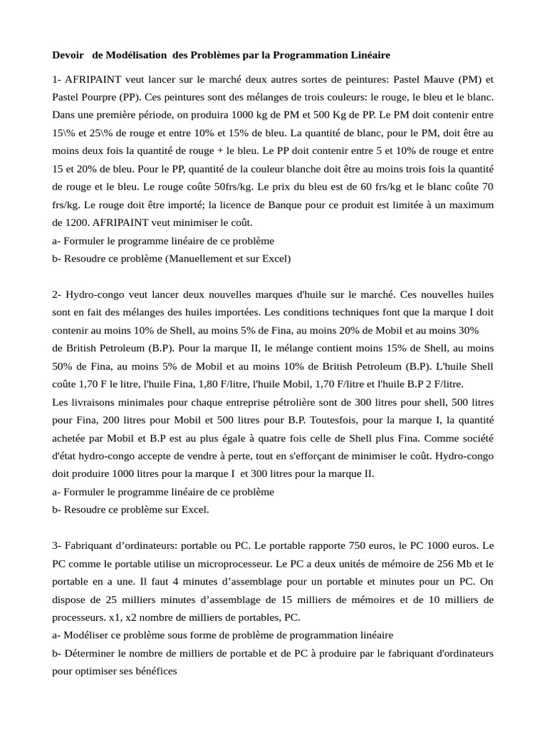 Modélisation de Problèmes de Programmation Linéaire | PDF | Rouge ...