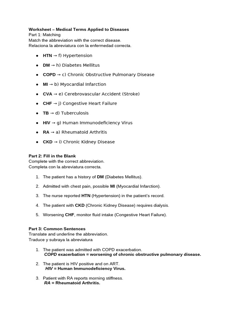 Medical Abbreviations and Diseases Worksheet | PDF