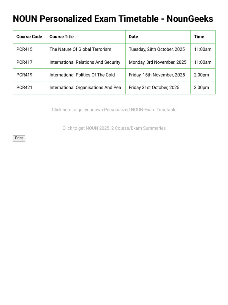 NOUN Personalized Exam Timetable - NounGeeks | PDF