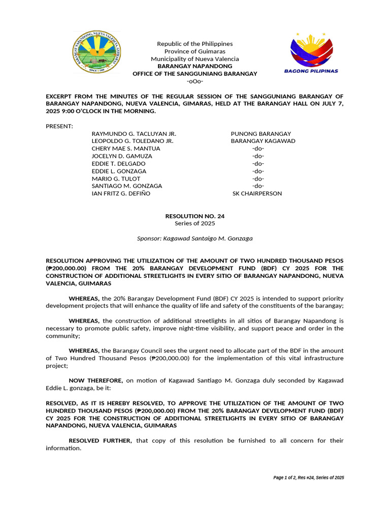 Barangay Napandong Streetlight Resolution | PDF
