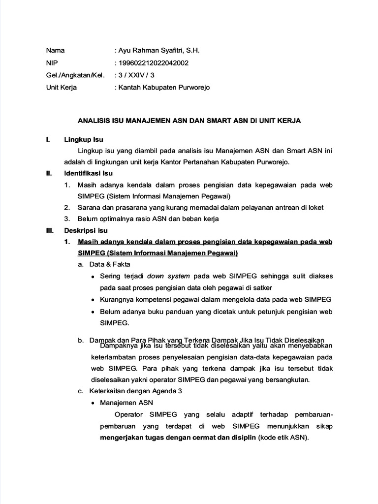 PDF Analisis Isu Manajemen Asn Dan Smart Asn Di Unit Kerja Compress | PDF