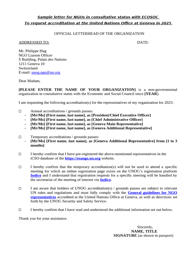 UN Accreditation Request Letter Template | PDF