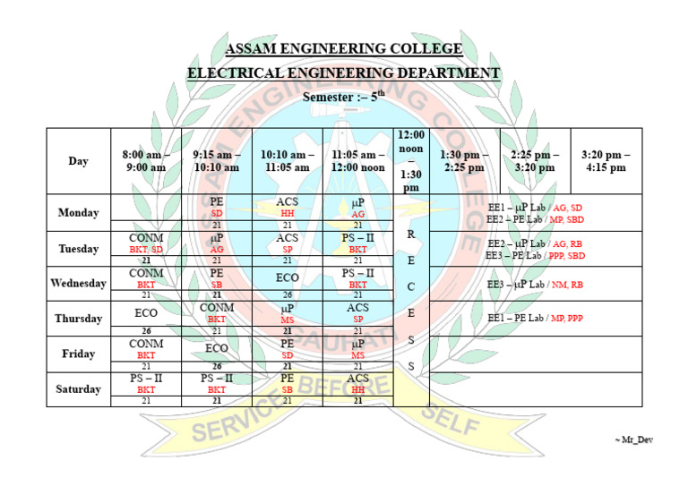 Assam Engineering College 5th Semester Schedule | PDF