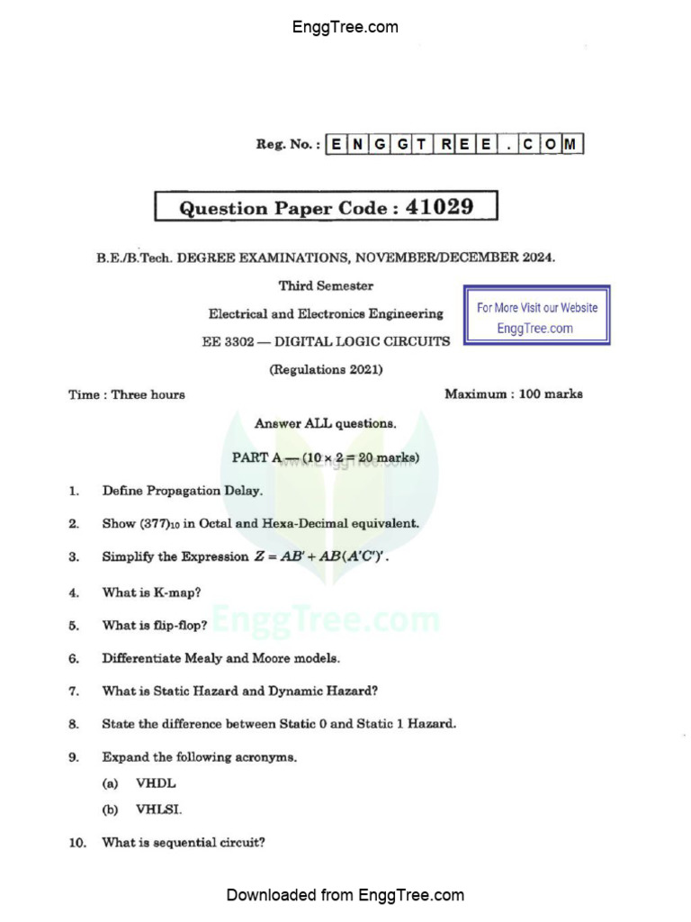 EE3302 Digital Logic Circuits Nov Dec 2024 Question Paper Download | PDF