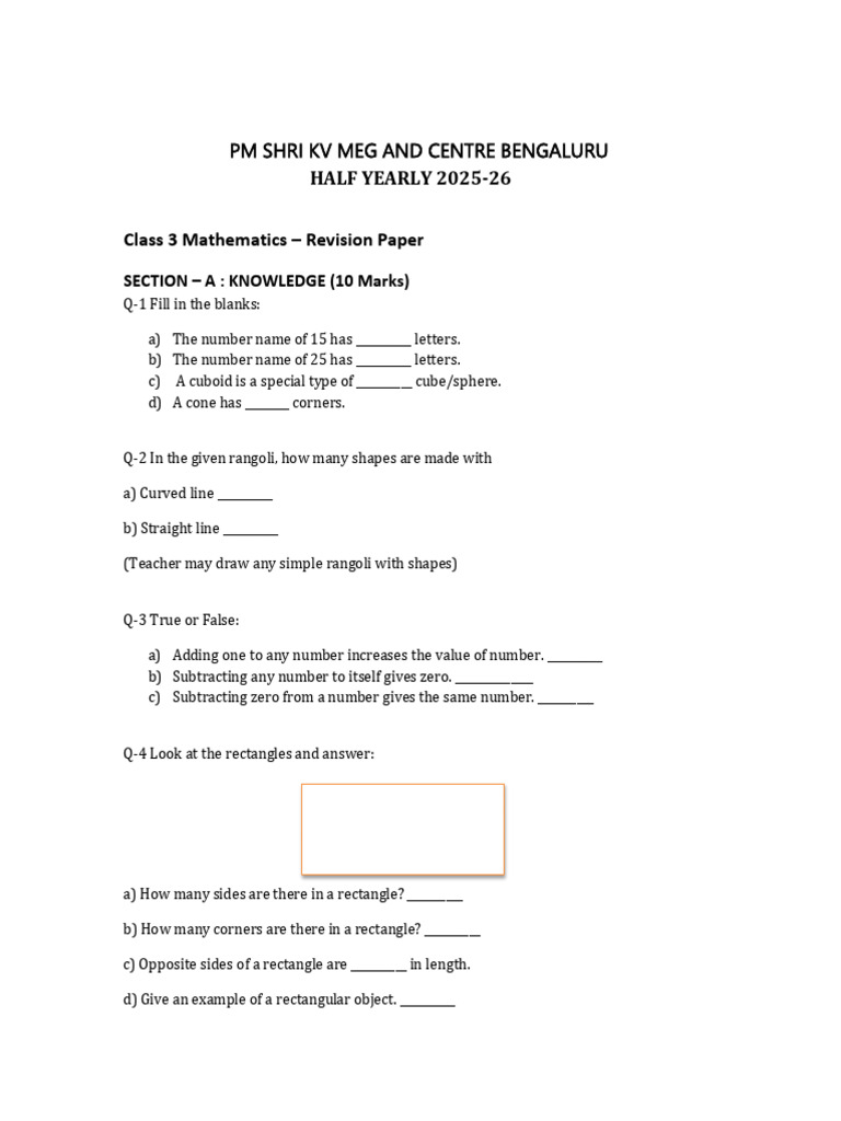 Class 3 Mathematics Revision Paper | PDF | Shape | Rectangle