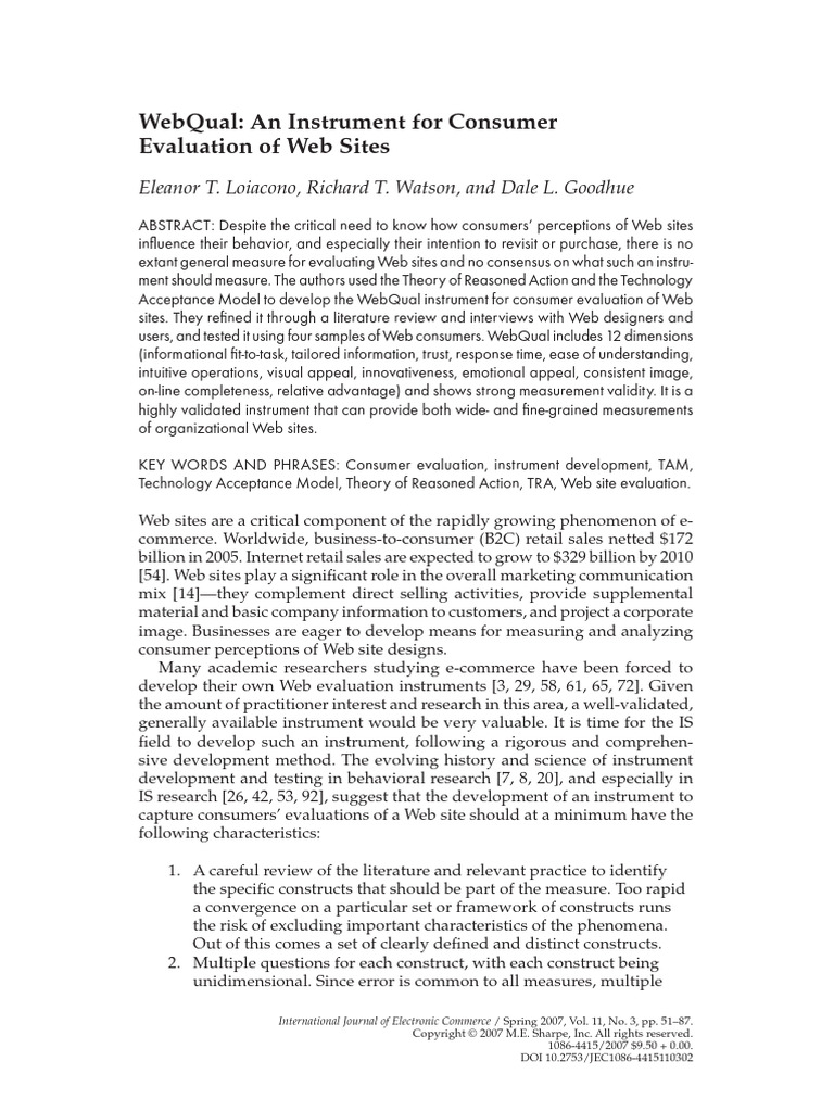 WebQual - An Instrument For Consumer - Evaluation of Web Sites | PDF ...
