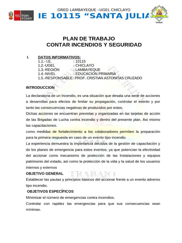 Plan de Emergencia contra Incendios IE 10115 | PDF