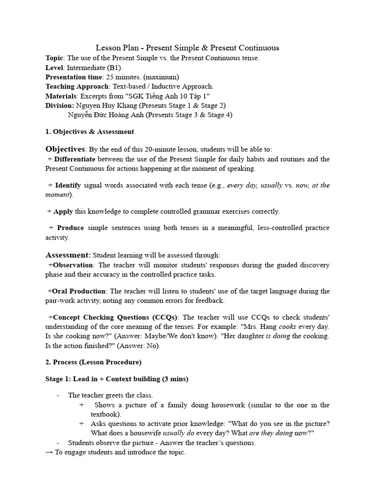 Present Simple vs. Continuous Objectives | PDF | Lesson Plan | Learning