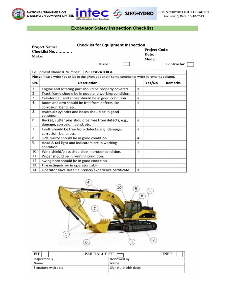 Excavator Safety Inspection Checklist | PDF