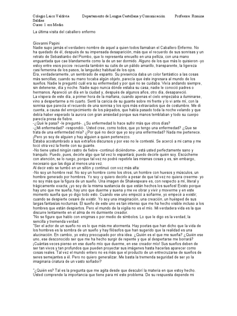 La Ultima Visita Del Caballero Enfermo Primero Medio PDF Sueño Verdad