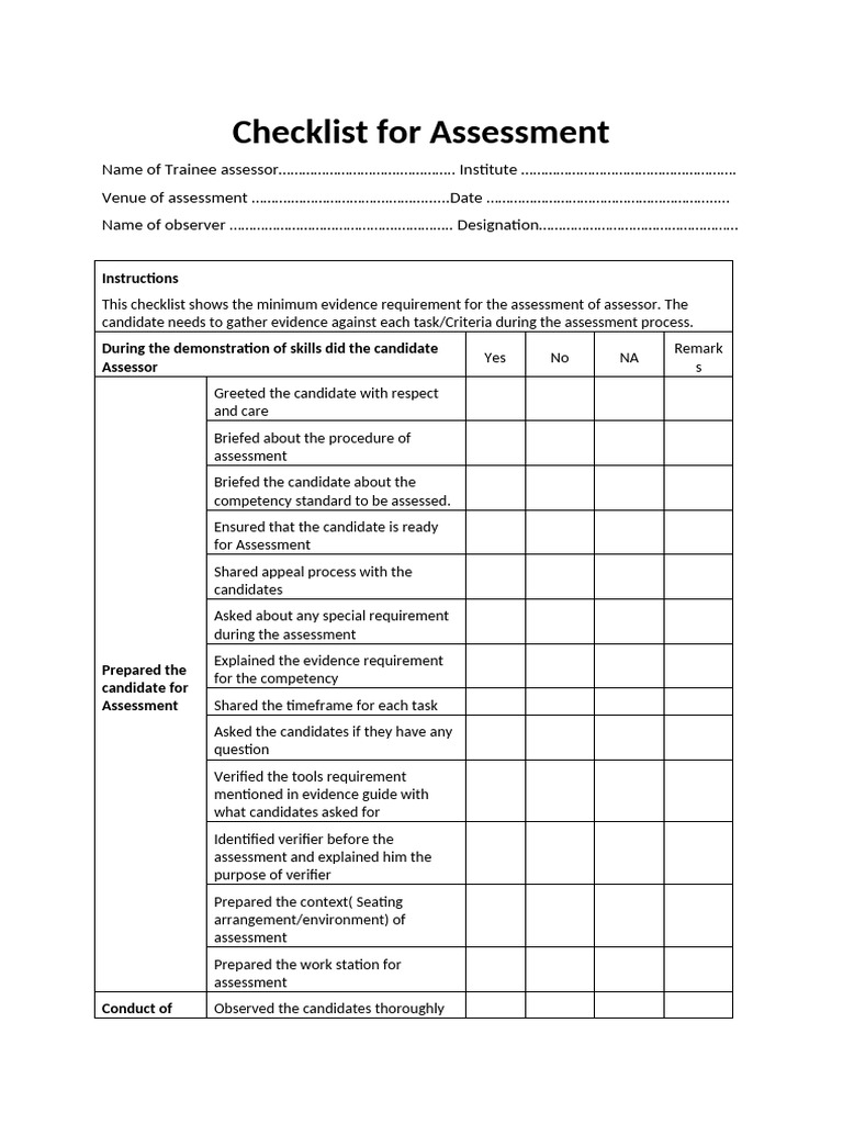 Assessor Evaluation Checklist | PDF