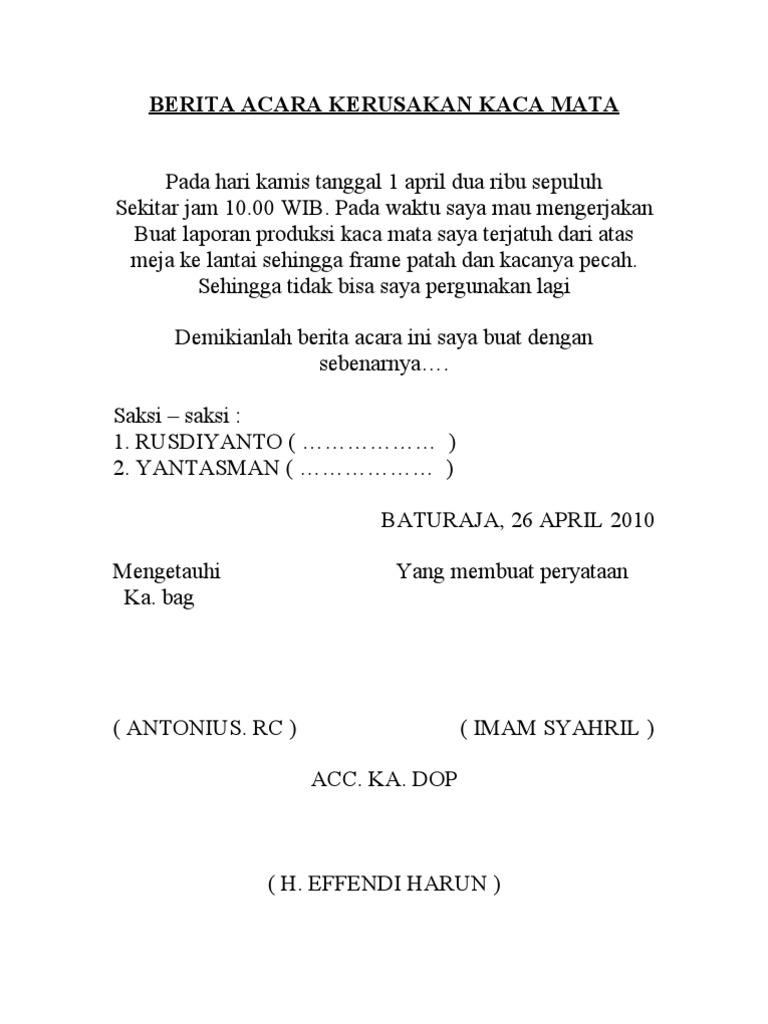 Contoh Berita Acara Kerusakan Barang Aneka Macam Contoh Riset
