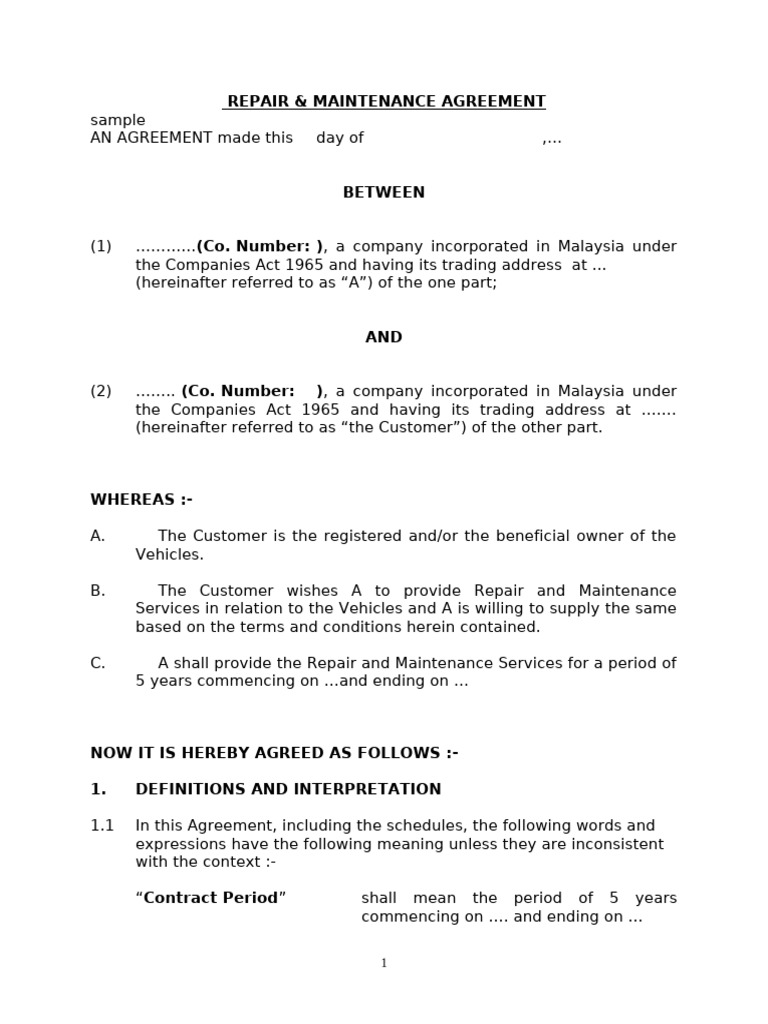 Repair & Maintenance Agreement | PDF | Breach Of Contract | Liquidation
