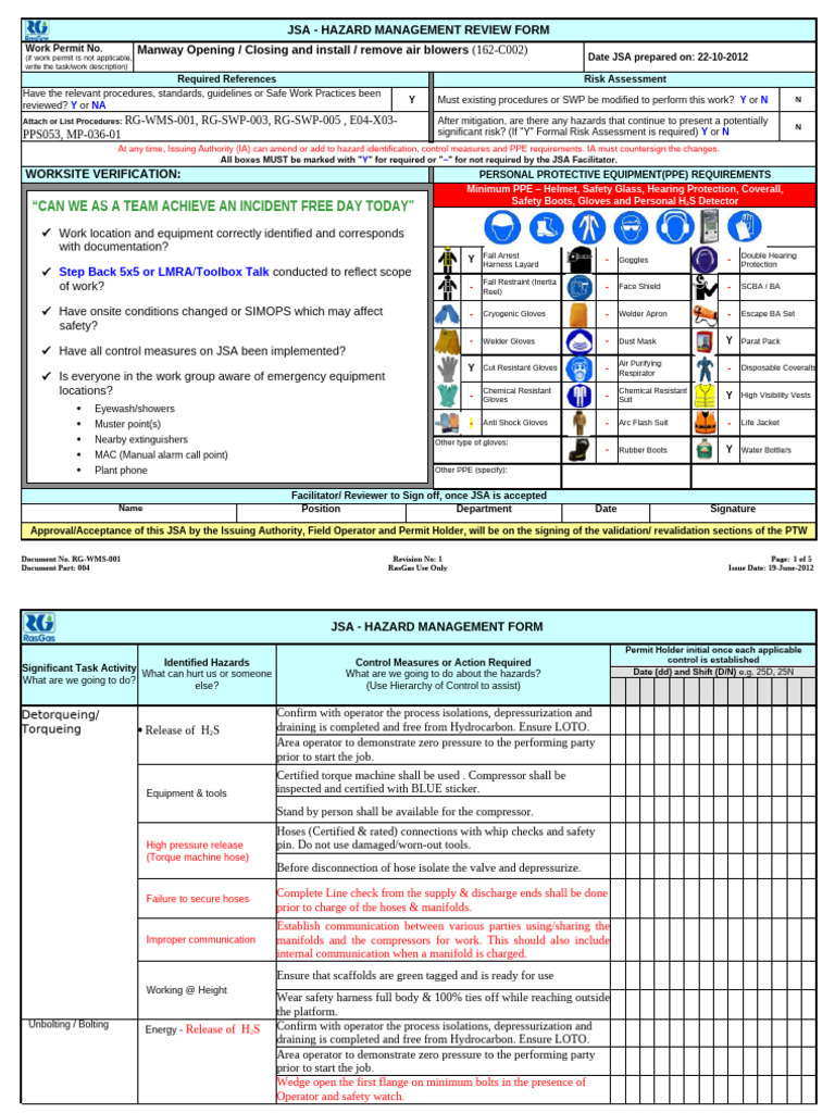 JSA Hazard Management Review Form | PDF | Personal Protective Equipment ...