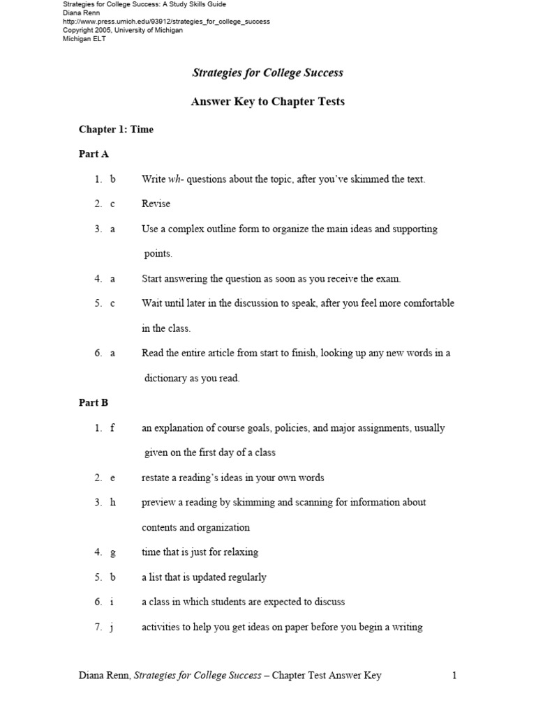 College Success Test Answer Key | PDF | Study Skills | Multiple Choice