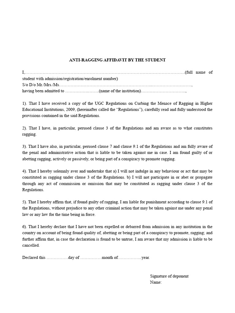 Anti Ragging Affidavit by Studnet | PDF | Affidavit | Justice