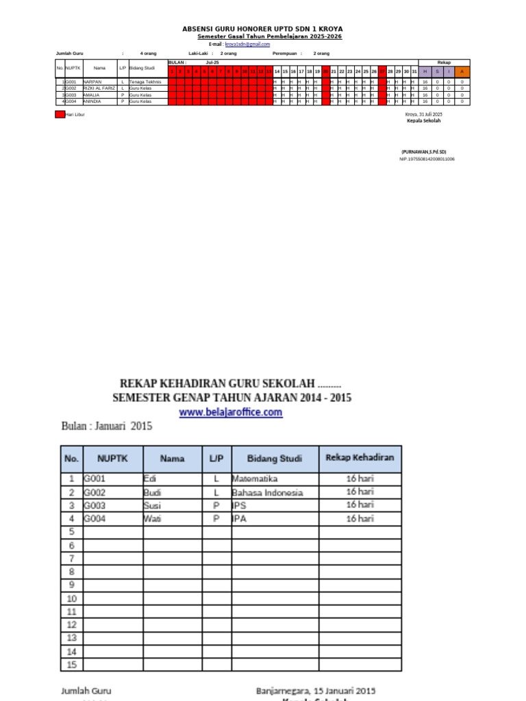 Format Absensi Guru Excel Ori | PDF