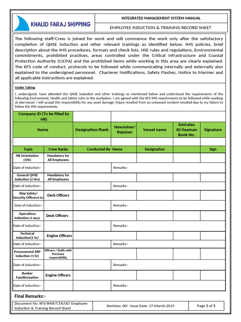 Employee Induction & Training Record | PDF | Safety