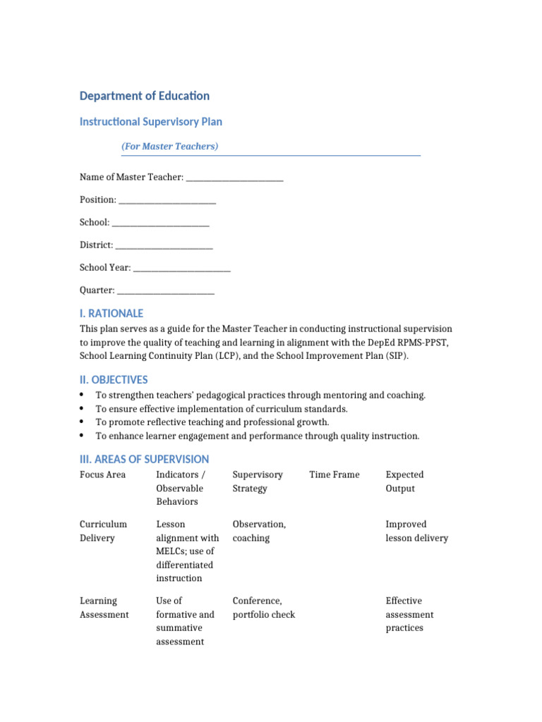 Master Teacher Supervisory Plan 2025 | PDF | Mentorship | Teachers