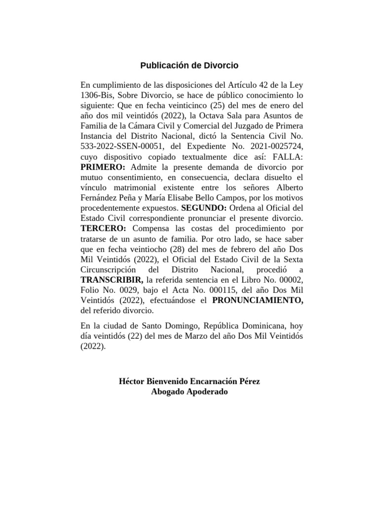 Publicación de Divorcio en RD 2022 | PDF