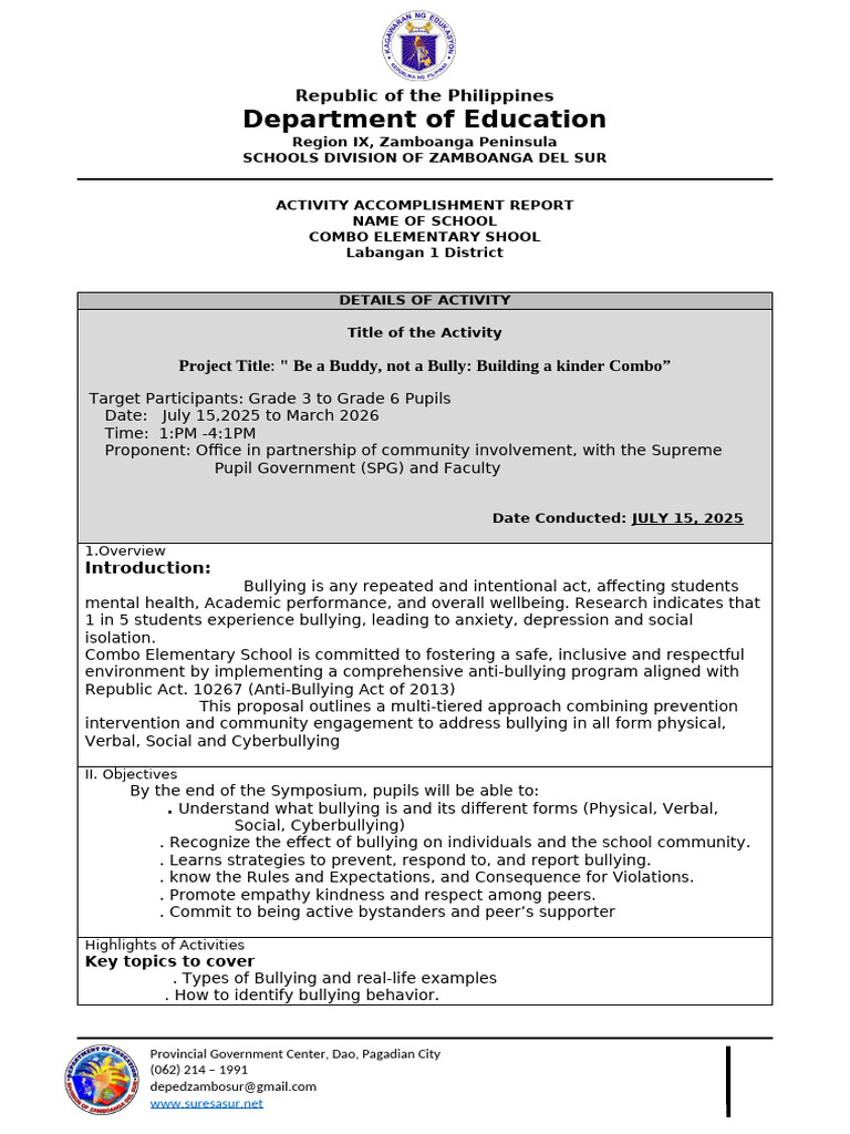 Acr Anti Bullying Template Combo Elementary School | PDF | Bullying ...