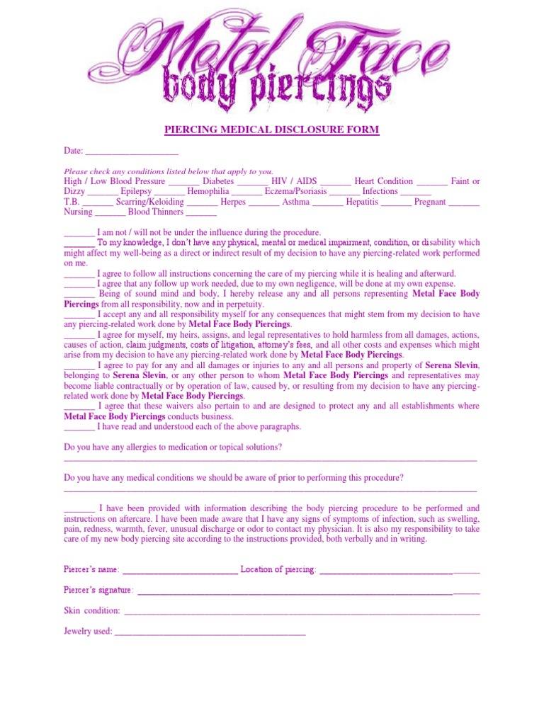 Body Piercing Medical Disclosure Form | PDF | Allergy | Consent