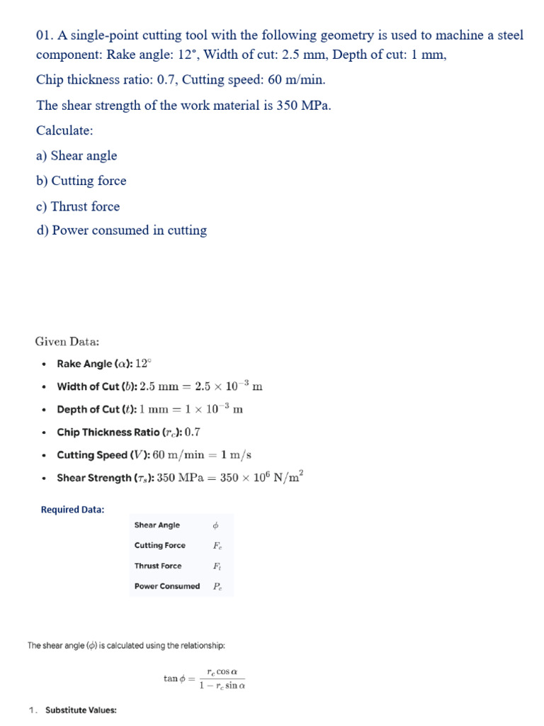Cutting Tool Forces and Angles Calculation | PDF