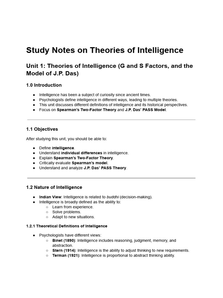 Theories of Intelligence Study Notes | PDF | Intelligence | Creativity