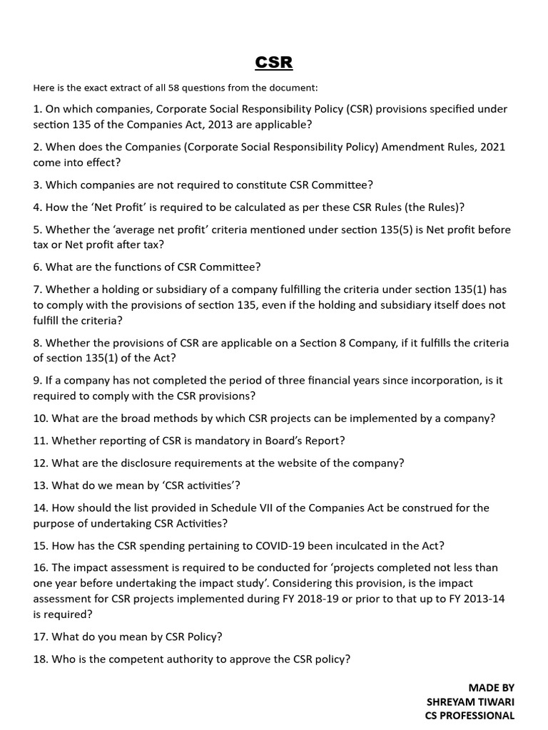 Comprehensive CSR Guidelines and FAQs | PDF | Corporate Social ...