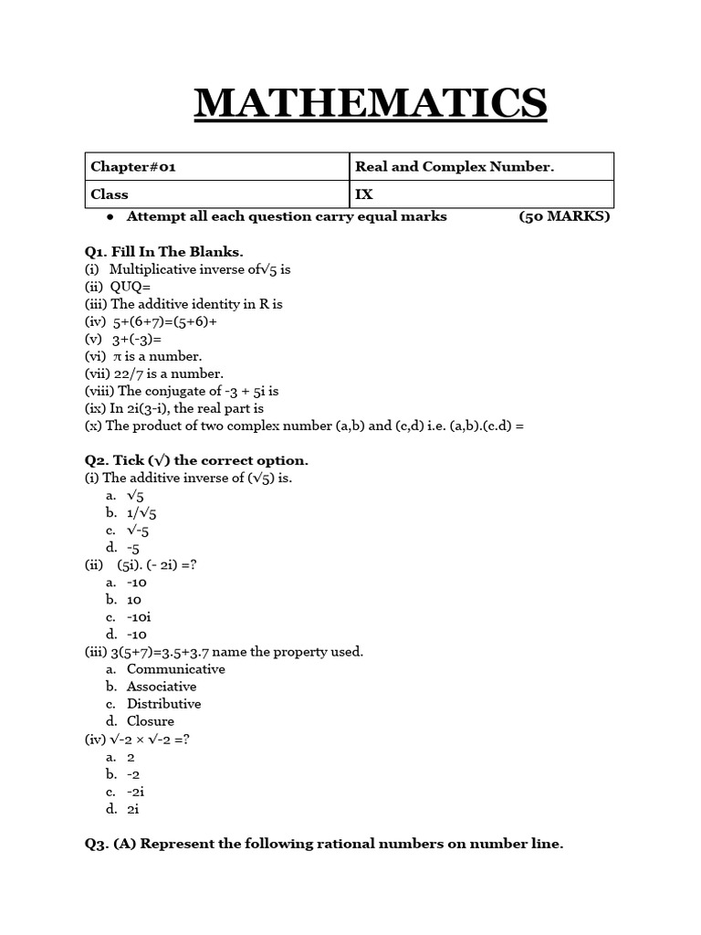Class IX Real and Complex Numbers Quiz | PDF | Complex Number | Numbers