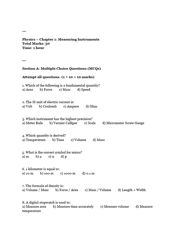 Physics Measuring Instruments MCQs Guide | PDF | Measurement | Volume