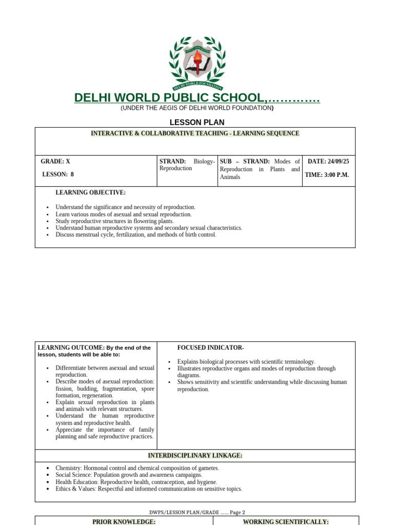 Grade X Biology Lesson Plan: Reproduction | PDF | Reproduction | Sexual ...