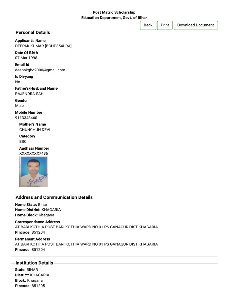 Bihar Post Matric Scholarship Details | PDF