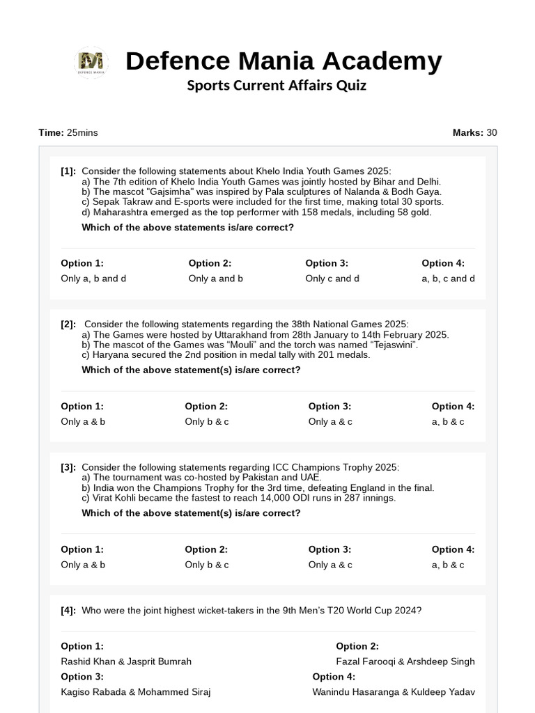 Sports Current Affairs Quiz 2025 | PDF | Sports | Cricket