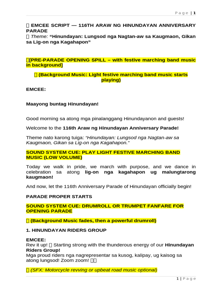 116th Araw ng Hinundayan Parade Script | PDF