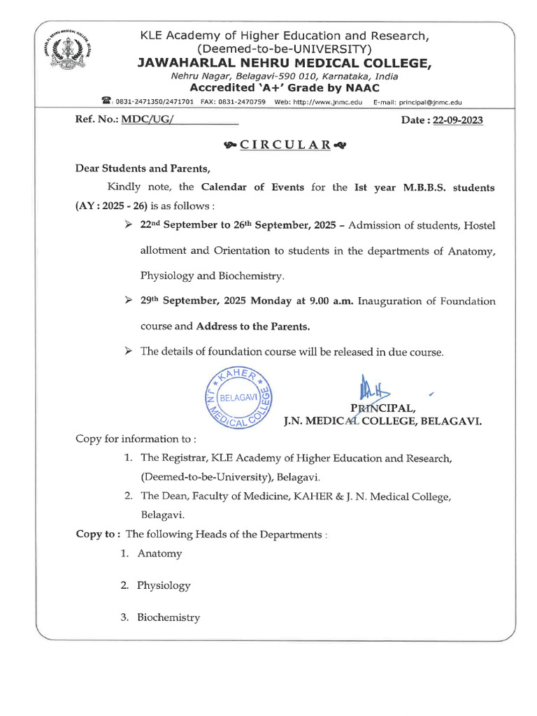 Circular 2025 26 MBBS Batch | PDF