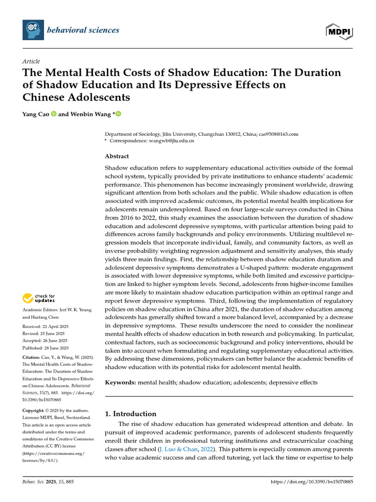 Shadow Education's Impact on Adolescent Mental Health | PDF | Mental ...
