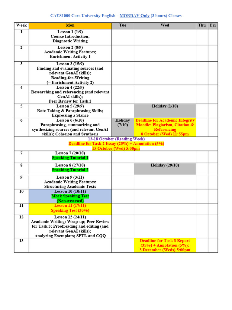 Core University English Course Schedule | PDF